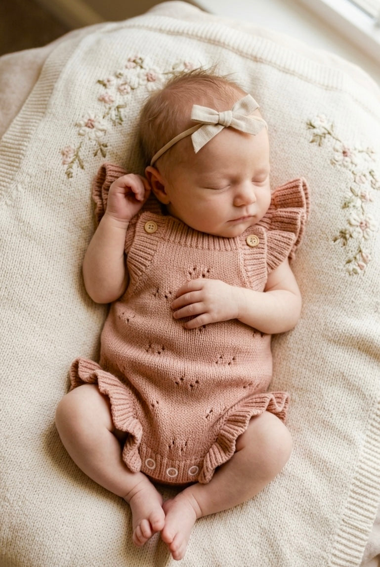 Ruffle pointelle romper - dusty peach