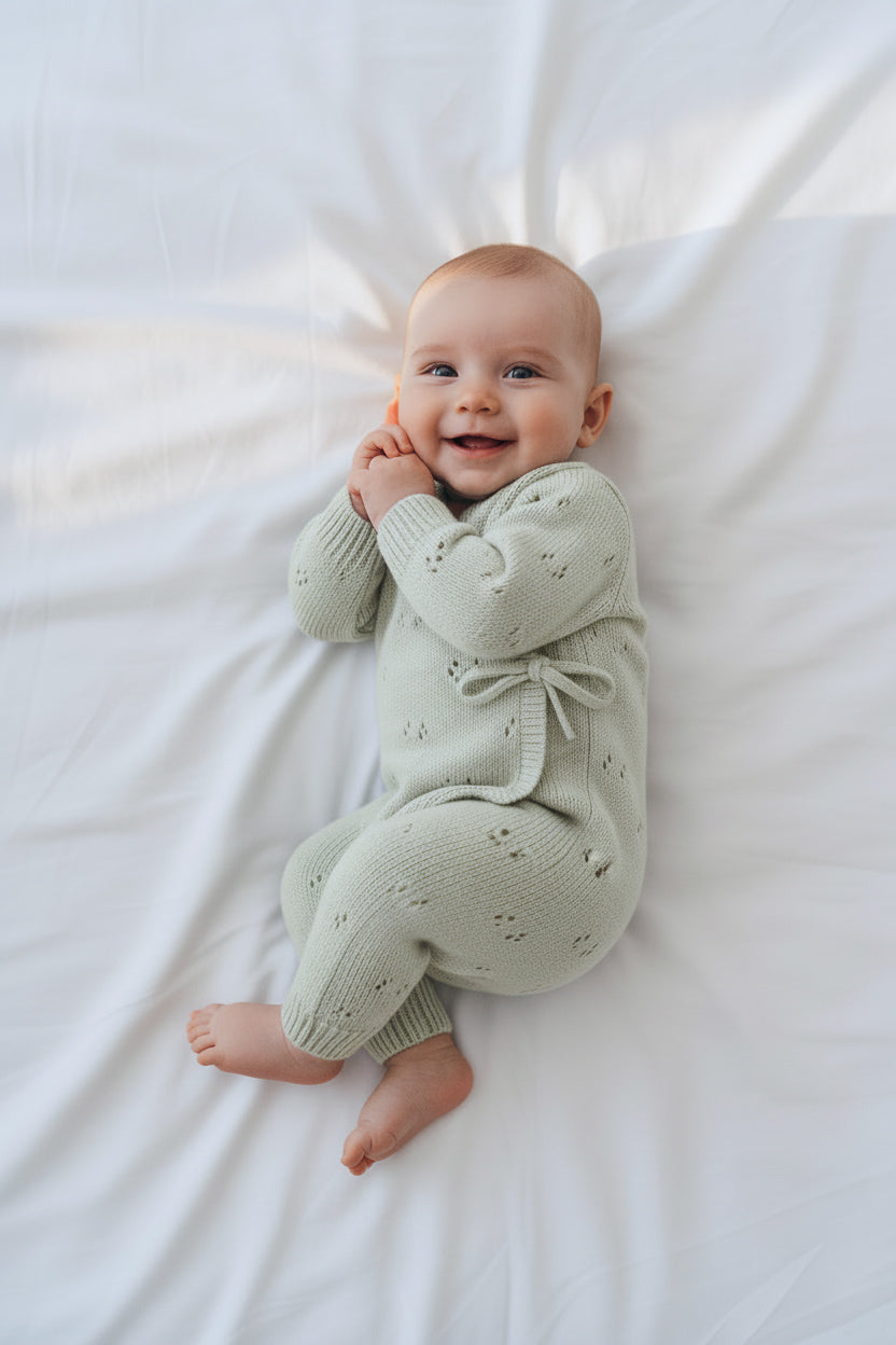 Pointelle side tie coverall - honeydew