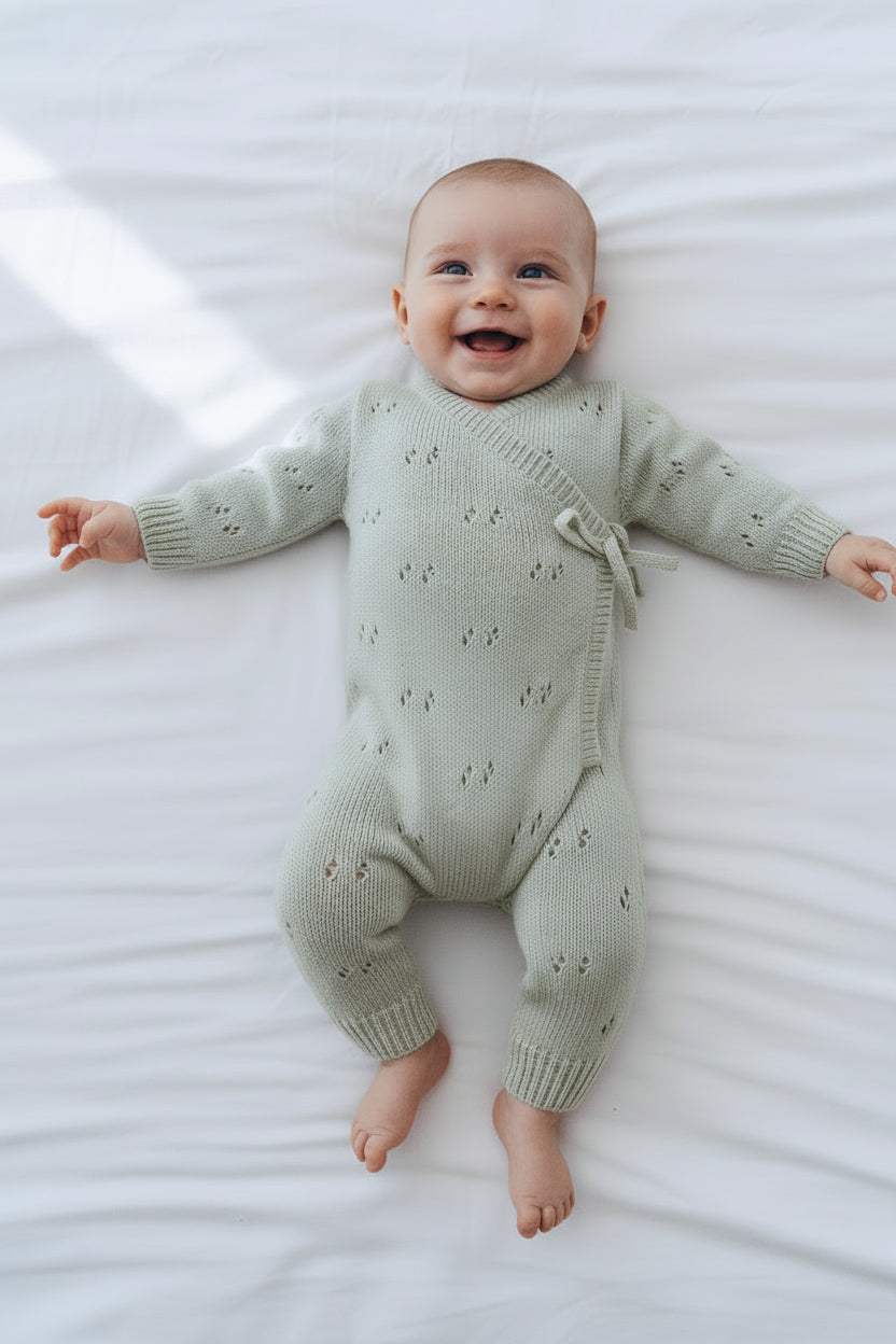 Pointelle side tie coverall - honeydew