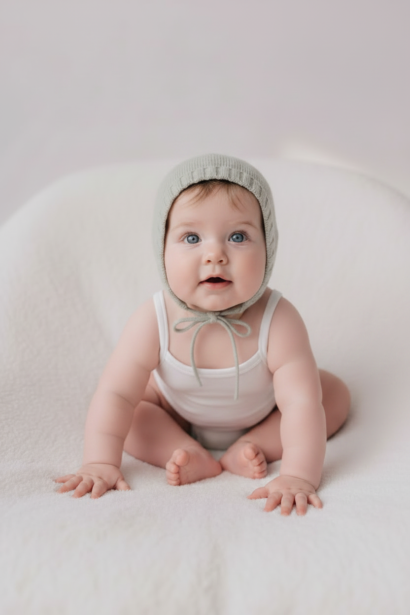 Baby Gabriel — White Romper & Sage Bonnet, New Pose