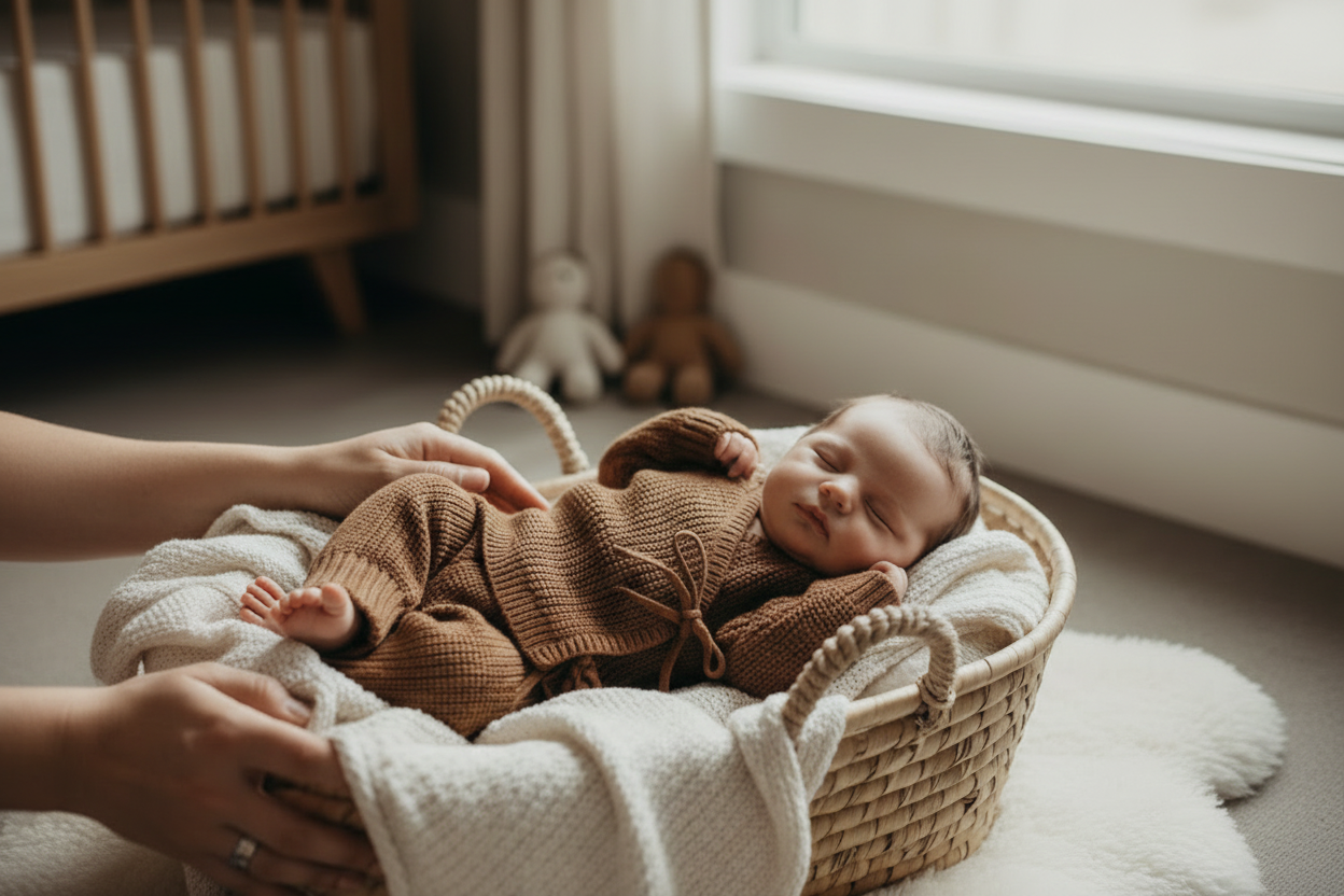 Baby in basket landscape