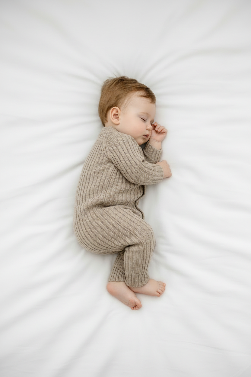 Baby in beige romper - different pose, bare feet