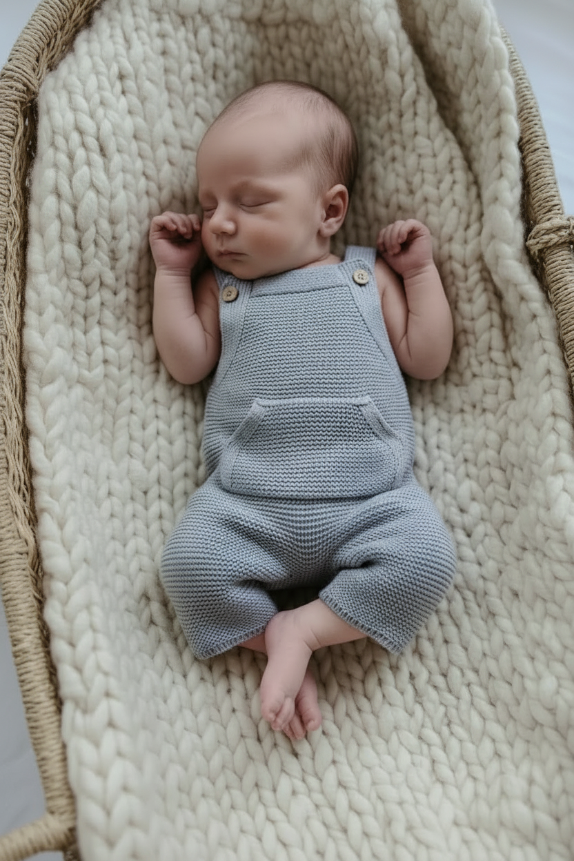 Baby in blue knit overalls - alternate pose