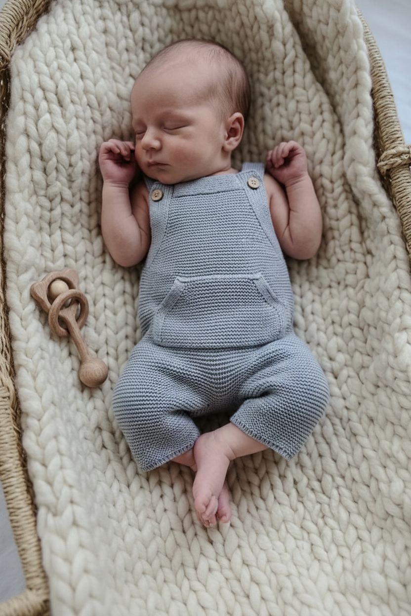 Baby in blue knit overalls, new pose in moses basket