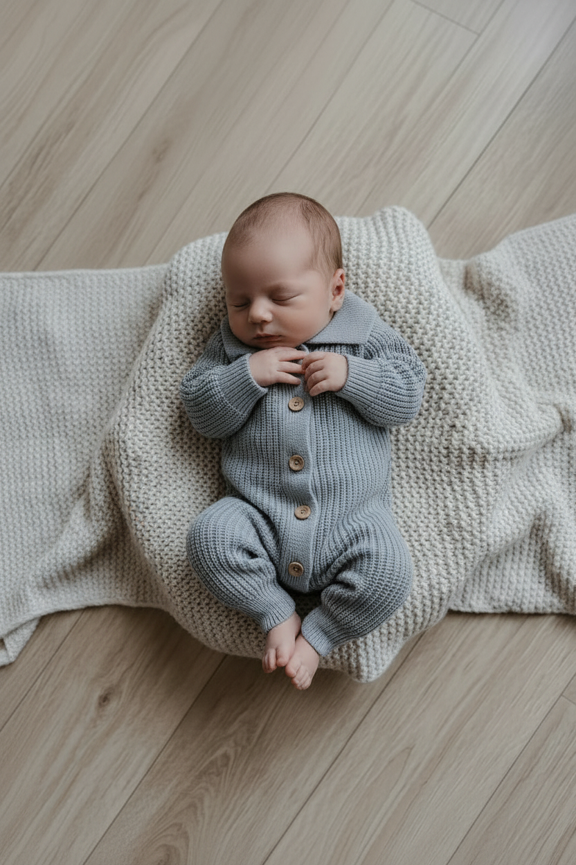 Baby in blue knit romper, alternate pose