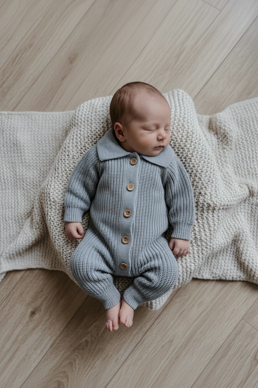Baby in blue knit romper, clean minimal pose