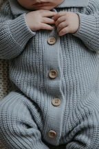 Baby in blue knit romper, zoomed pose