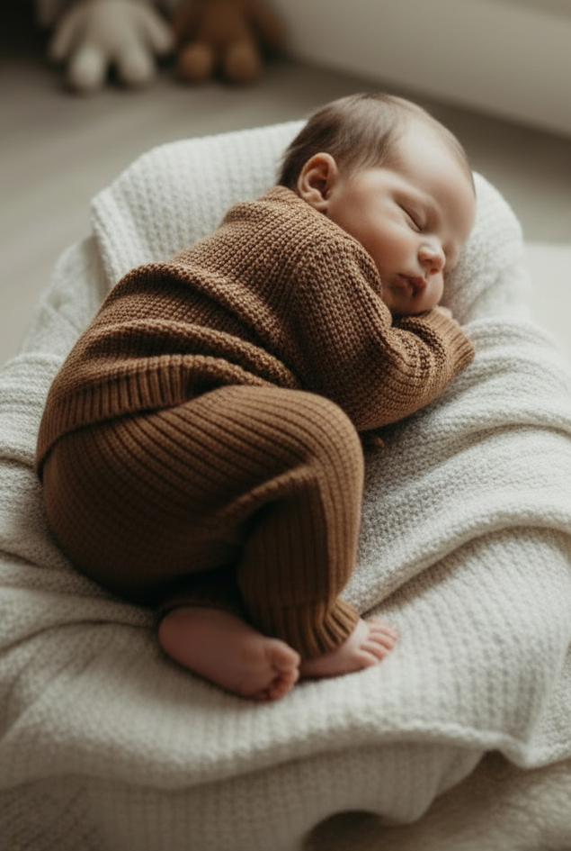 Baby in brown knitted set - new pose