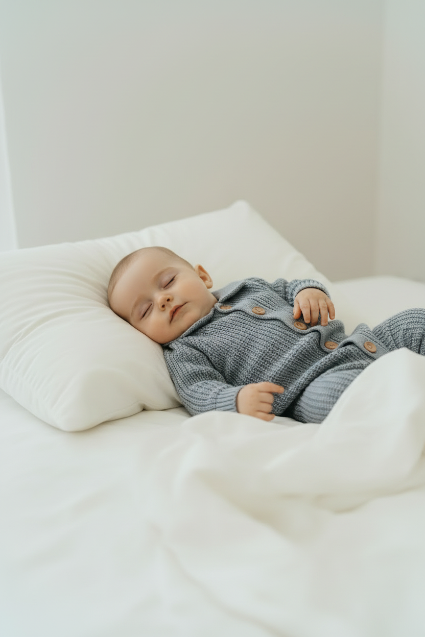 Baby in dusty blue coverall sleeping