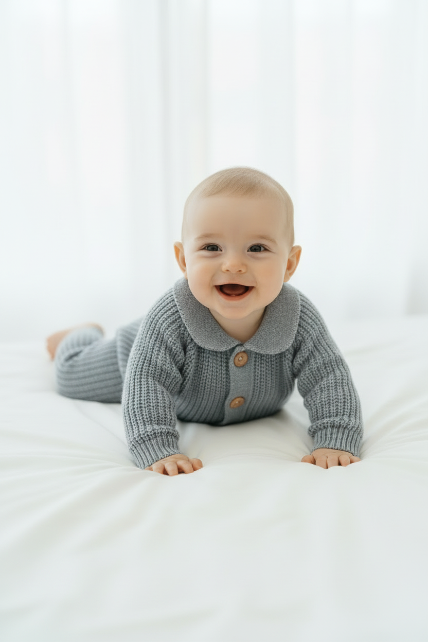 Baby in grey romper - new pose