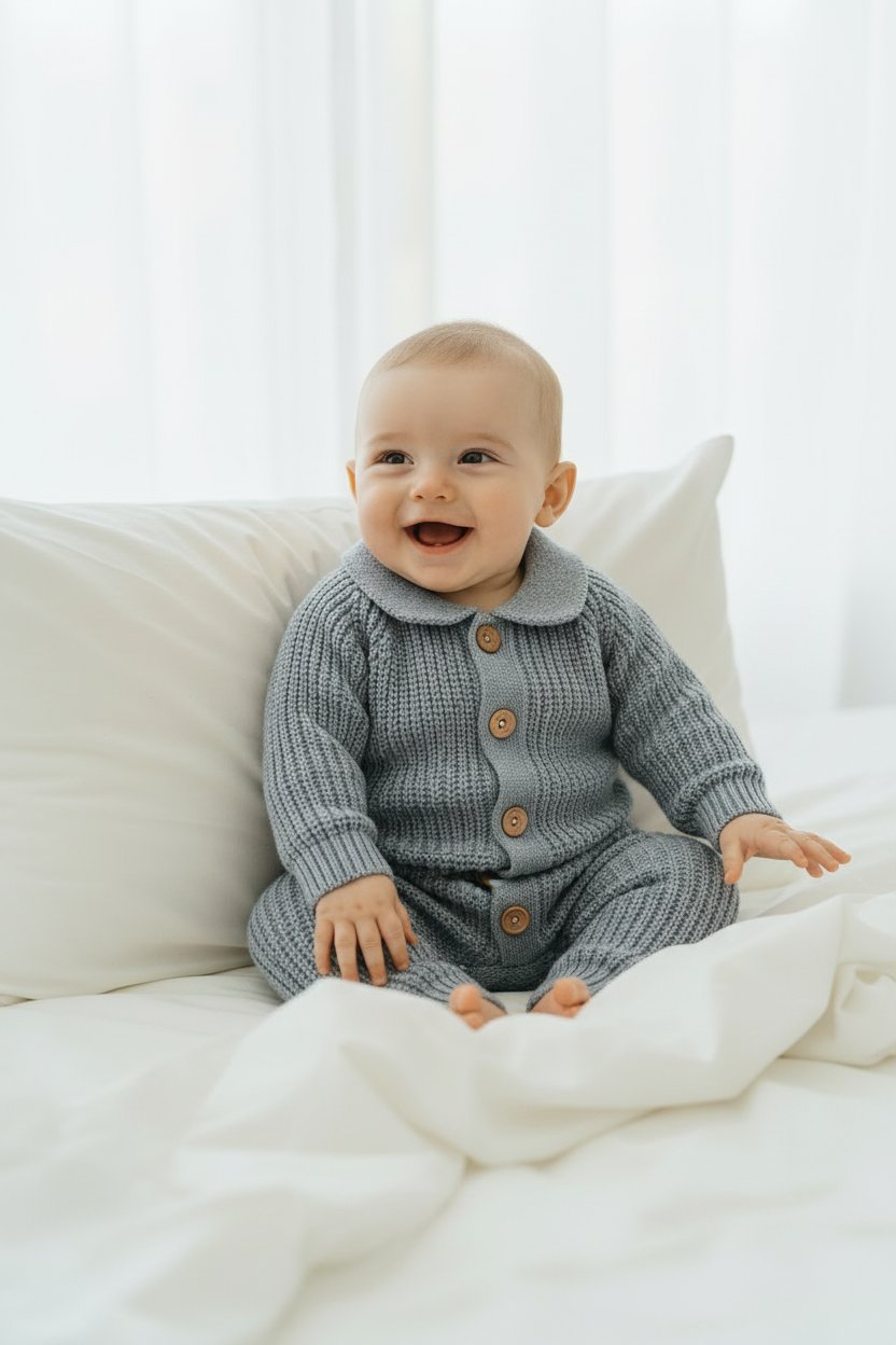 Baby in grey romper - portrait pose
