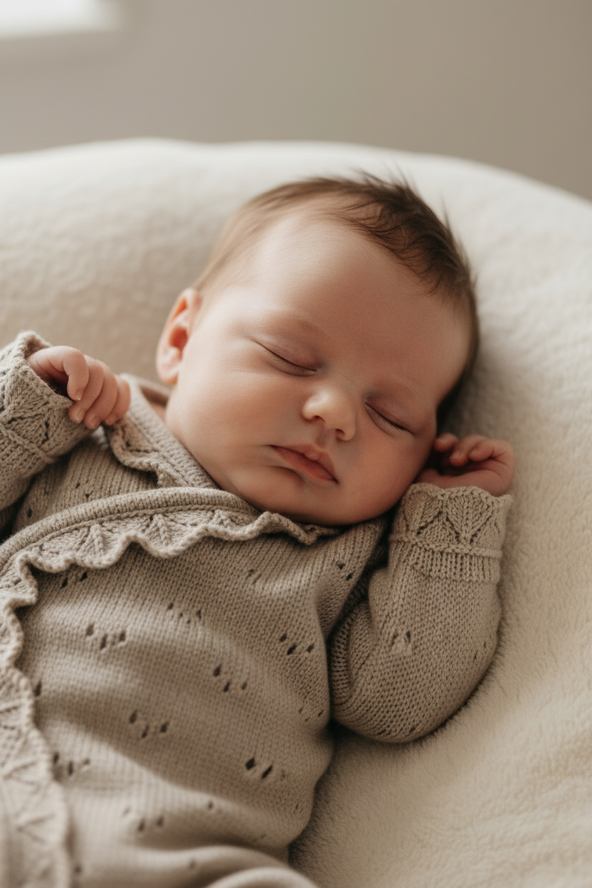 Baby in knitted wrap onesie - close-up detail