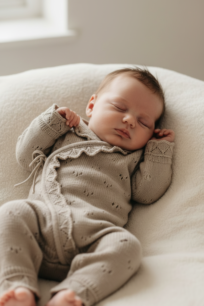 Baby in knitted wrap onesie - close-up portrait