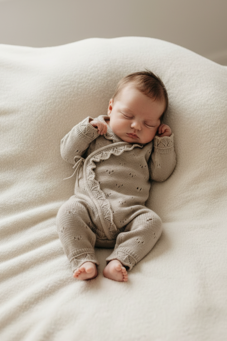 Baby in knitted wrap onesie - curled pose blanket background
