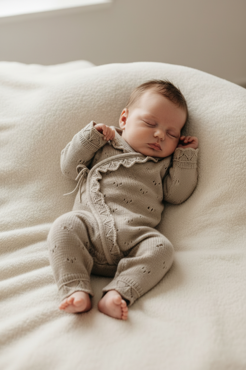 Baby in knitted wrap onesie - full portrait lying down