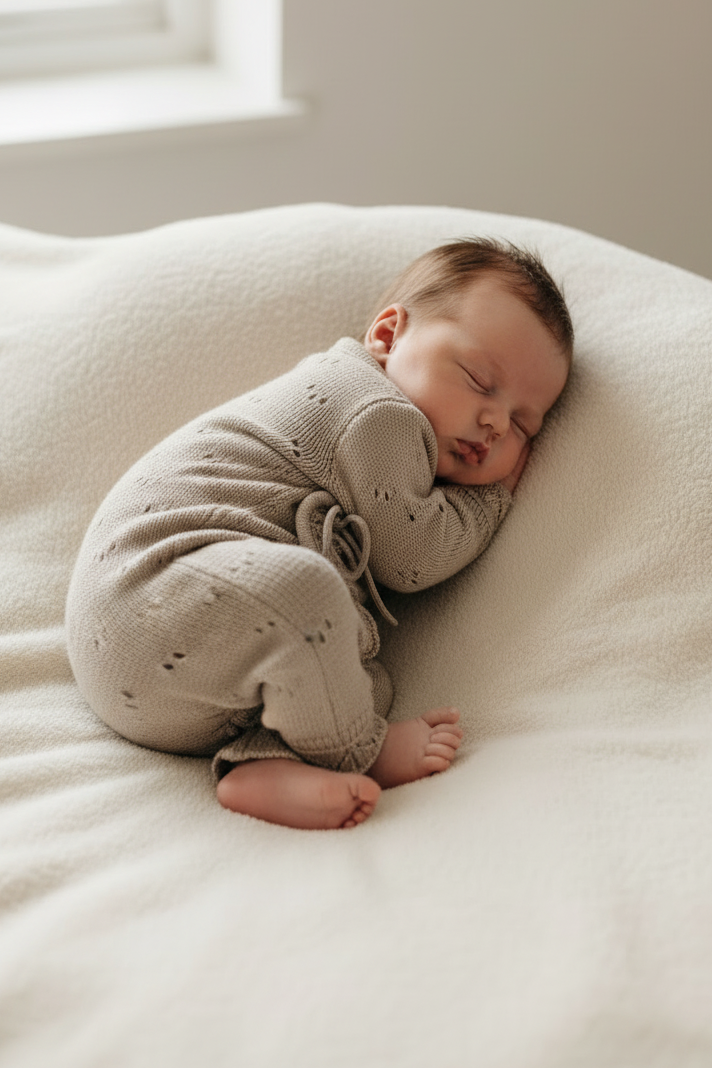 Baby in knitted wrap onesie - side lying pose