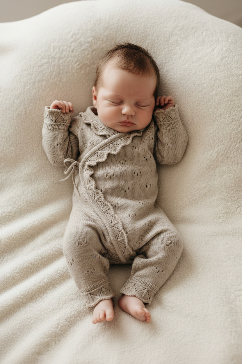 Baby in knitted wrap onesie - zoomed full outfit