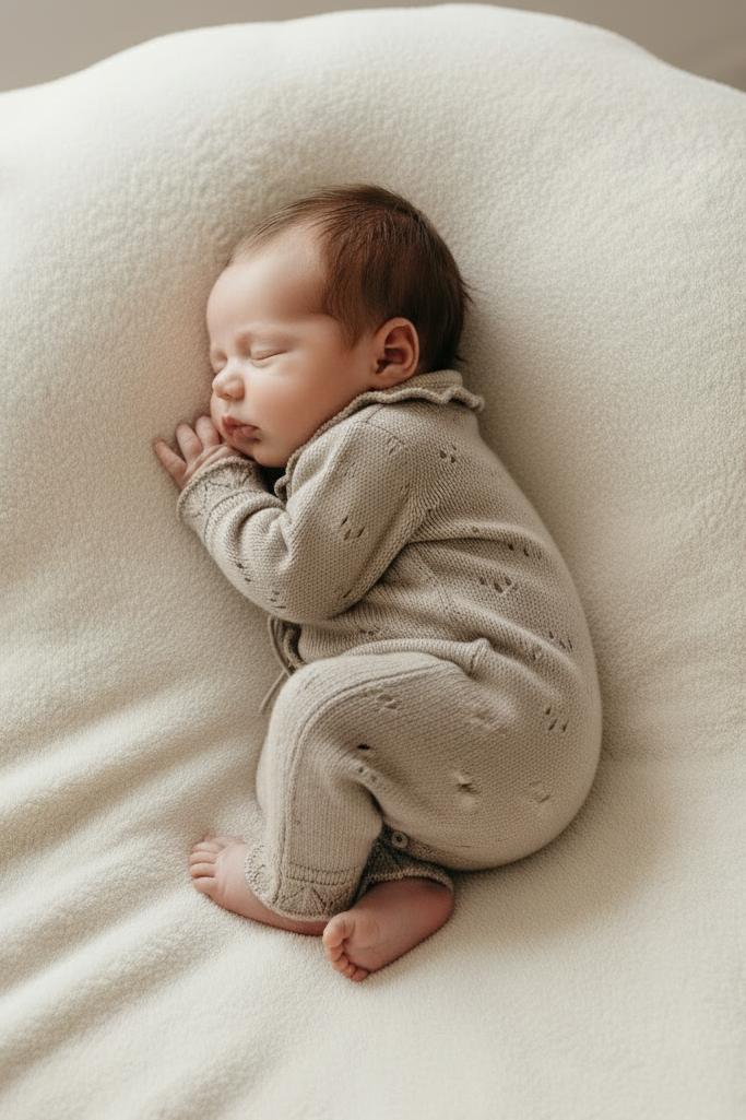 Baby in knitted wrap romper, side pose