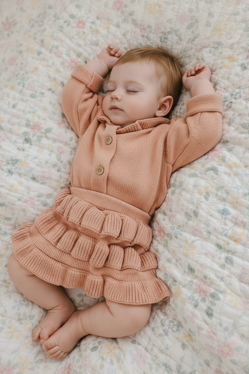 Baby in Peach Knit Ruffle Romper - Another Angle