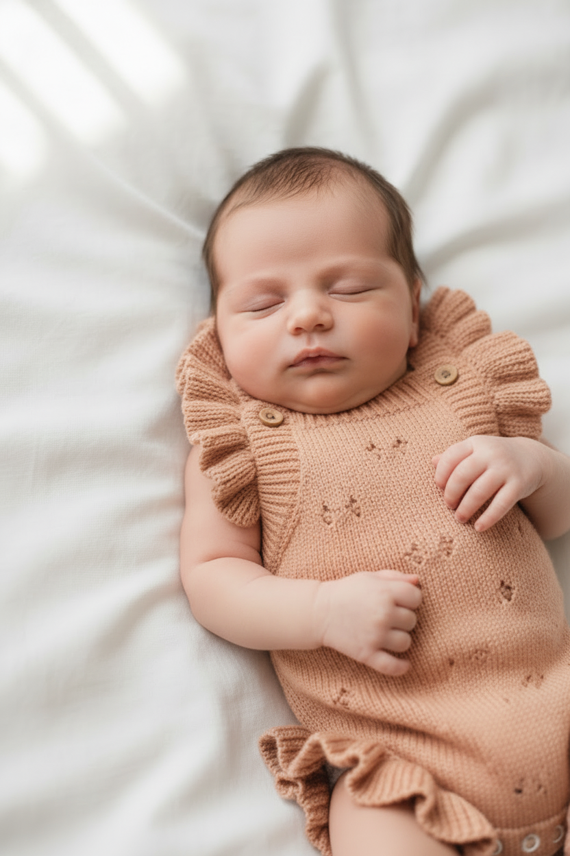 Baby in peachy romper