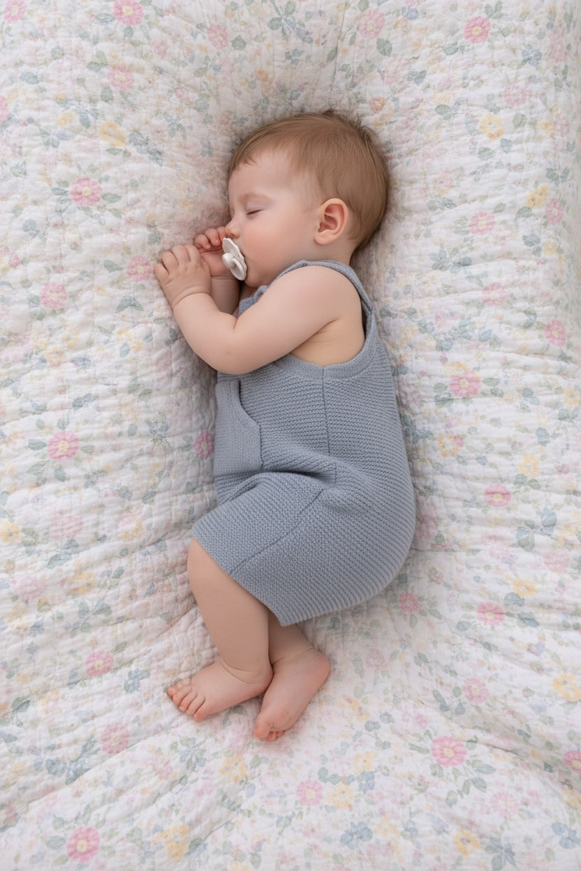 Baby on floral blanket - side pose