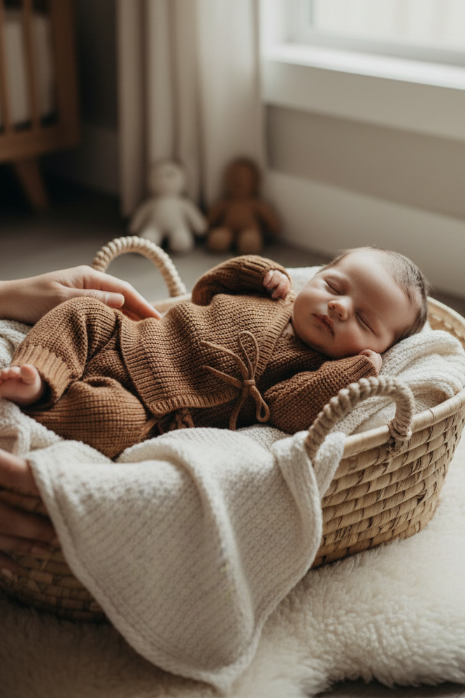 Baby wearing milk chocolate knitted set