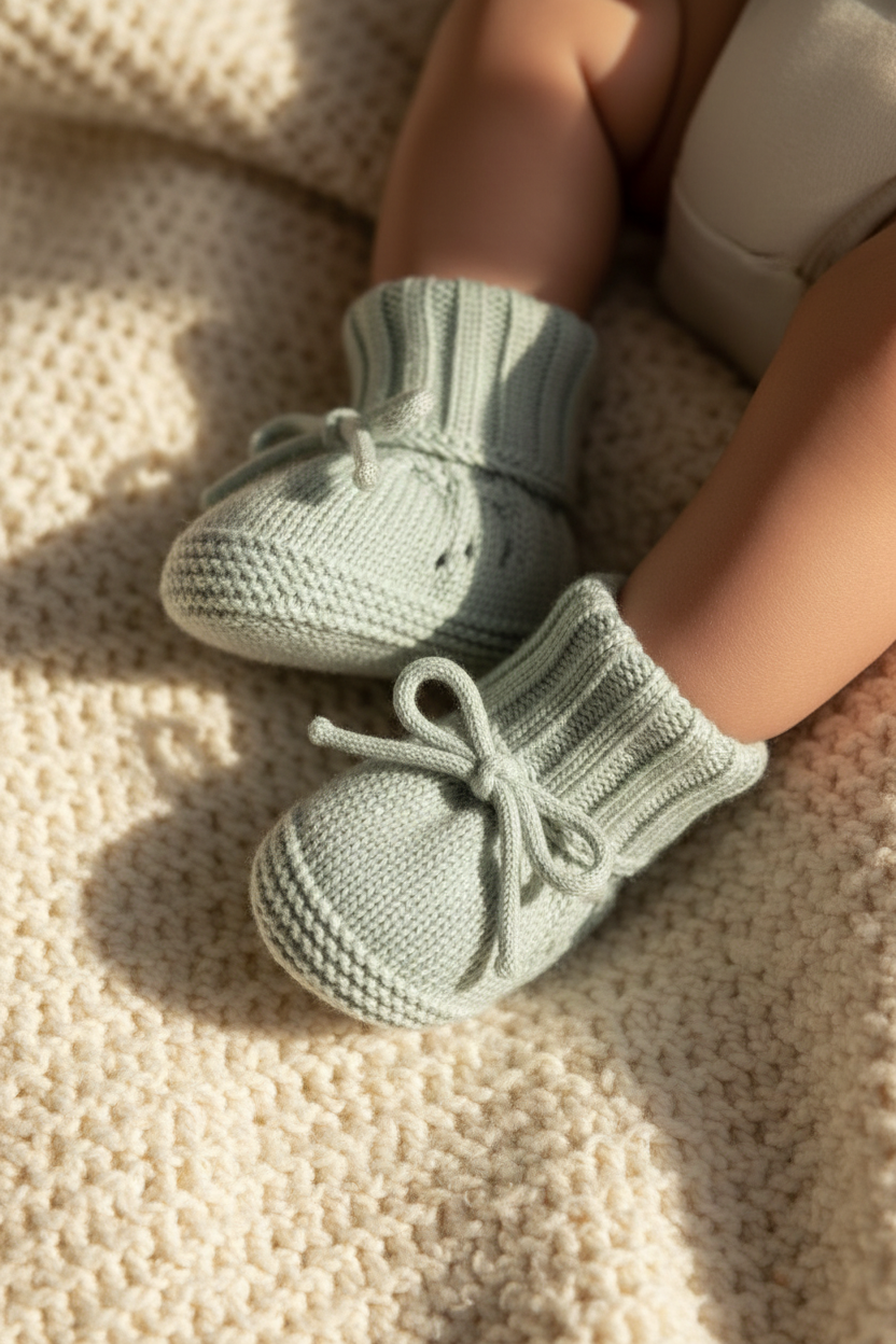 Baby wearing sage green knitted booties on cream blanket
