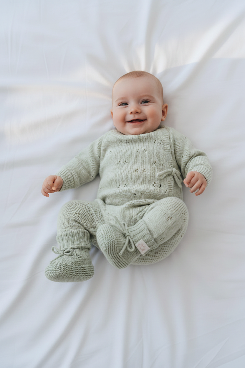 Baby wearing sage green knitted booties
