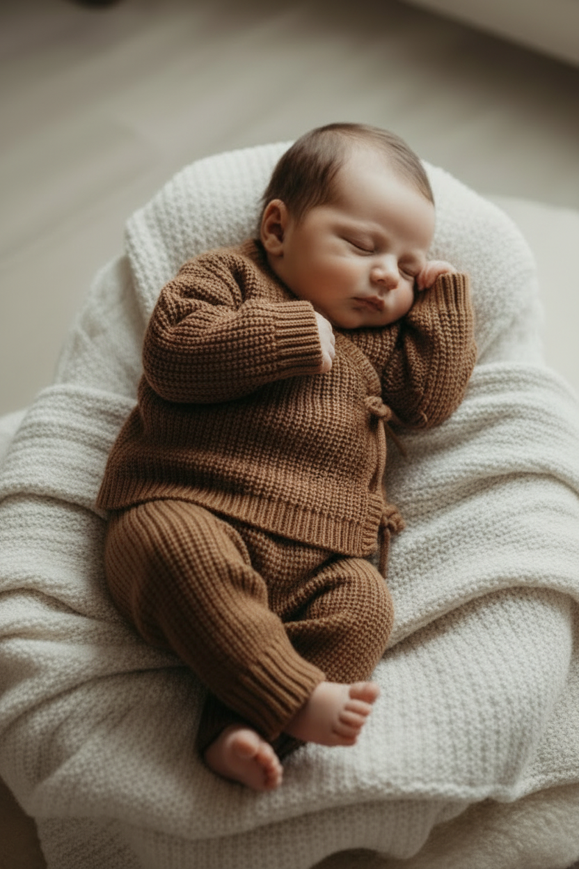 New pose - baby in milk chocolate knitted set