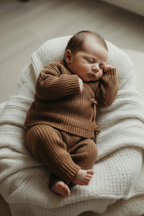 New pose - baby in milk chocolate knitted set