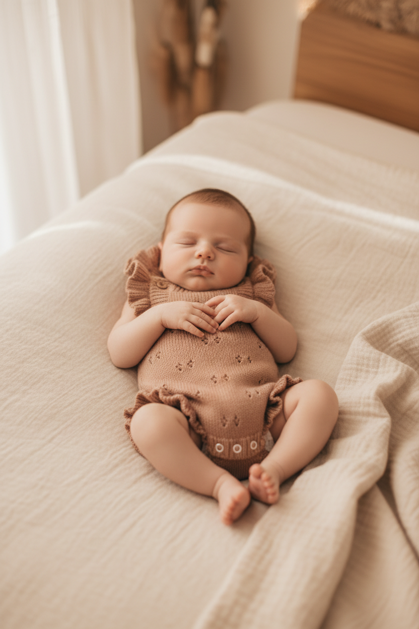 Newborn baby in dusty peach romper lying on bed