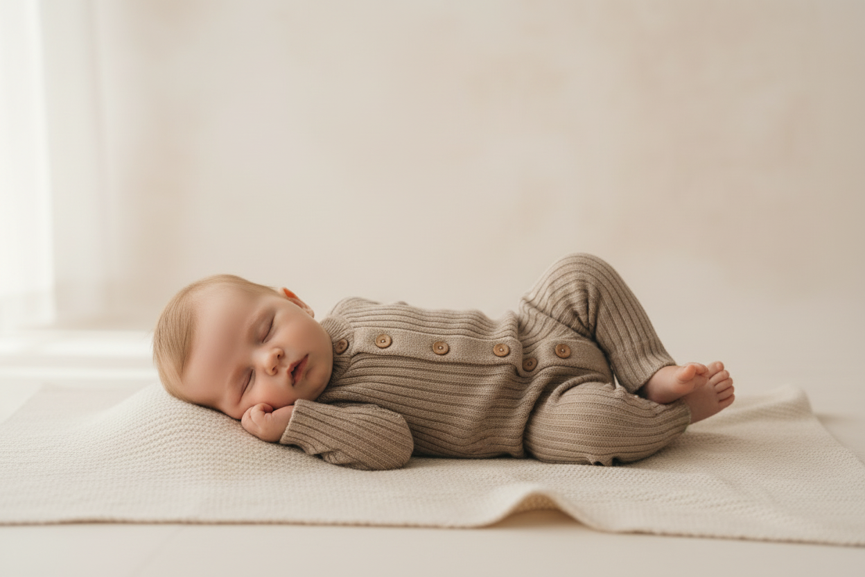 Newborn baby wearing beige ribbed romper