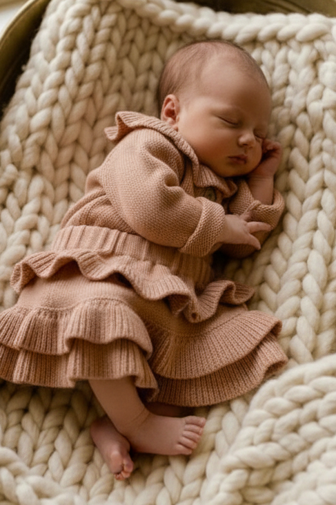 Newborn in knitted ruffle dress, alternate pose