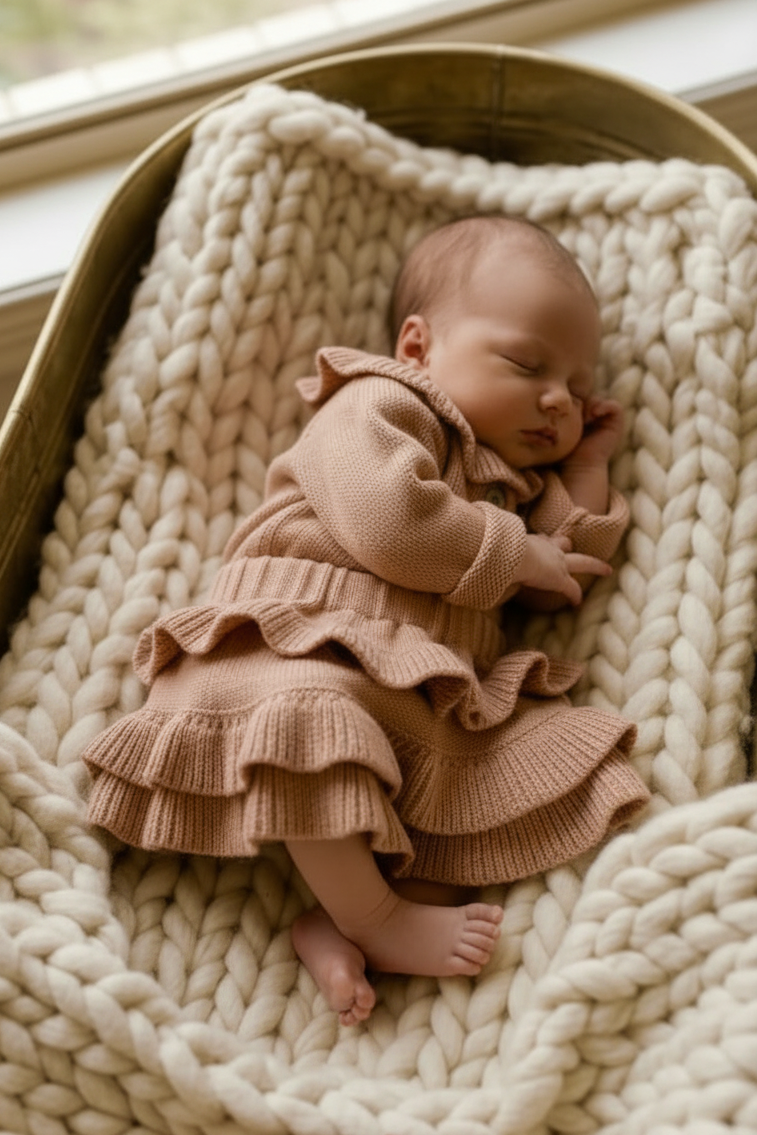 Newborn in knitted ruffle dress, zoomed pose