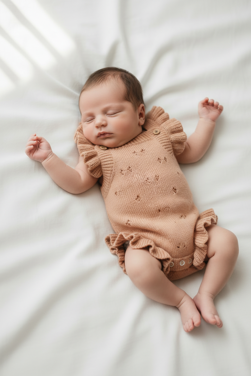 Newborn in peachy ruffle romper – alternate pose