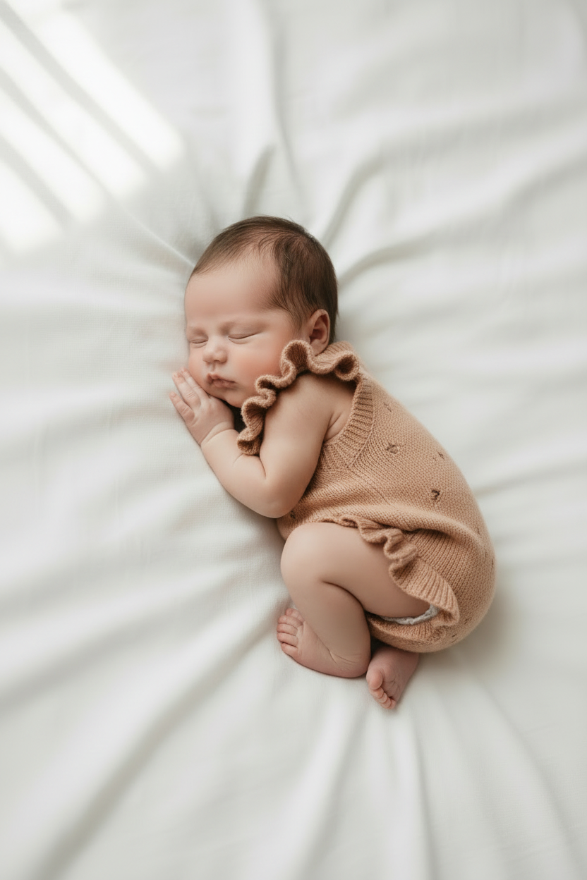 Newborn in peachy ruffle romper – curled fetal pose