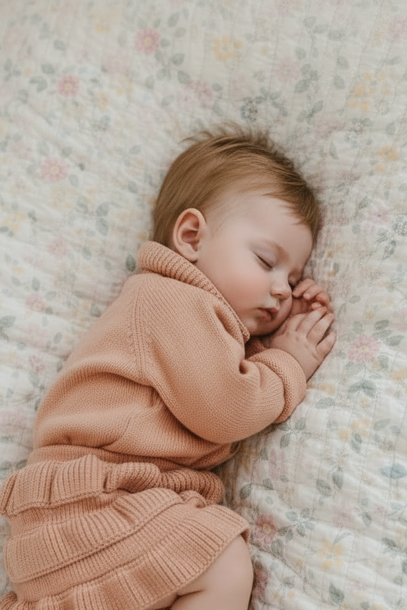 Sleeping Baby in Peach Knit Ruffle Romper - New Pose